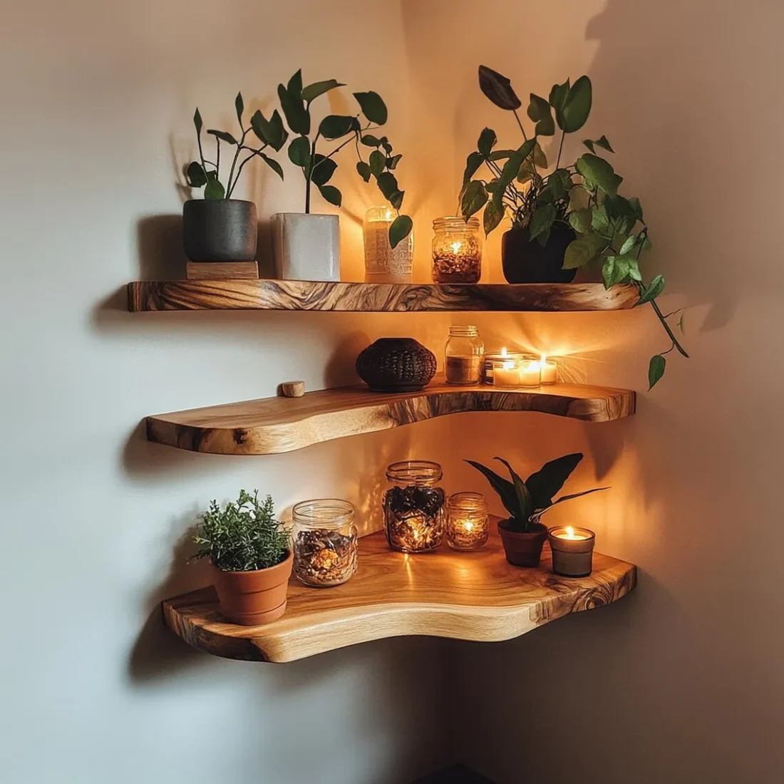 Rustic Corner Floating Shelf – Live Edge Solid Wood Home Decor