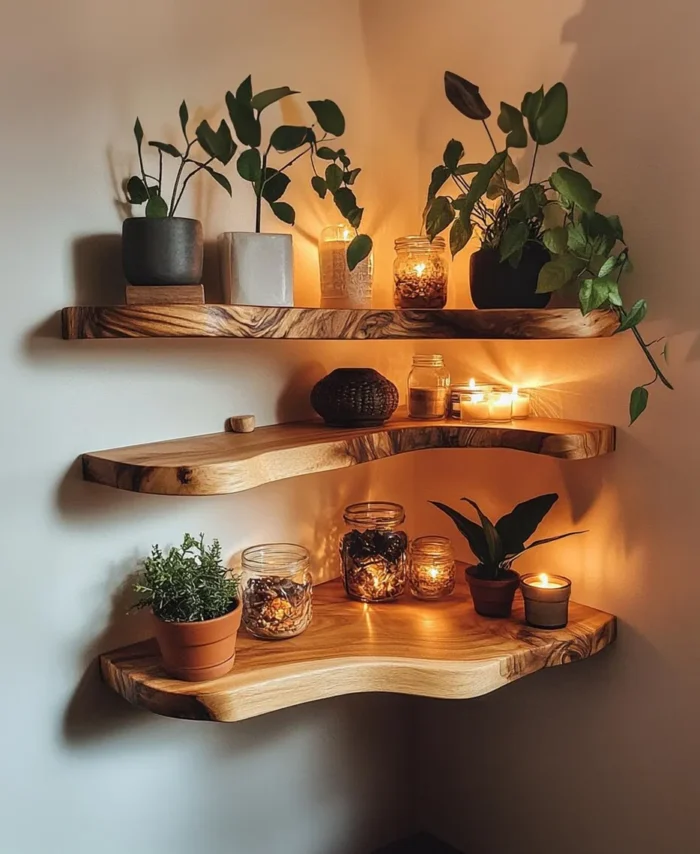 Rustic Corner Floating Shelf – Live Edge Solid Wood Home Decor